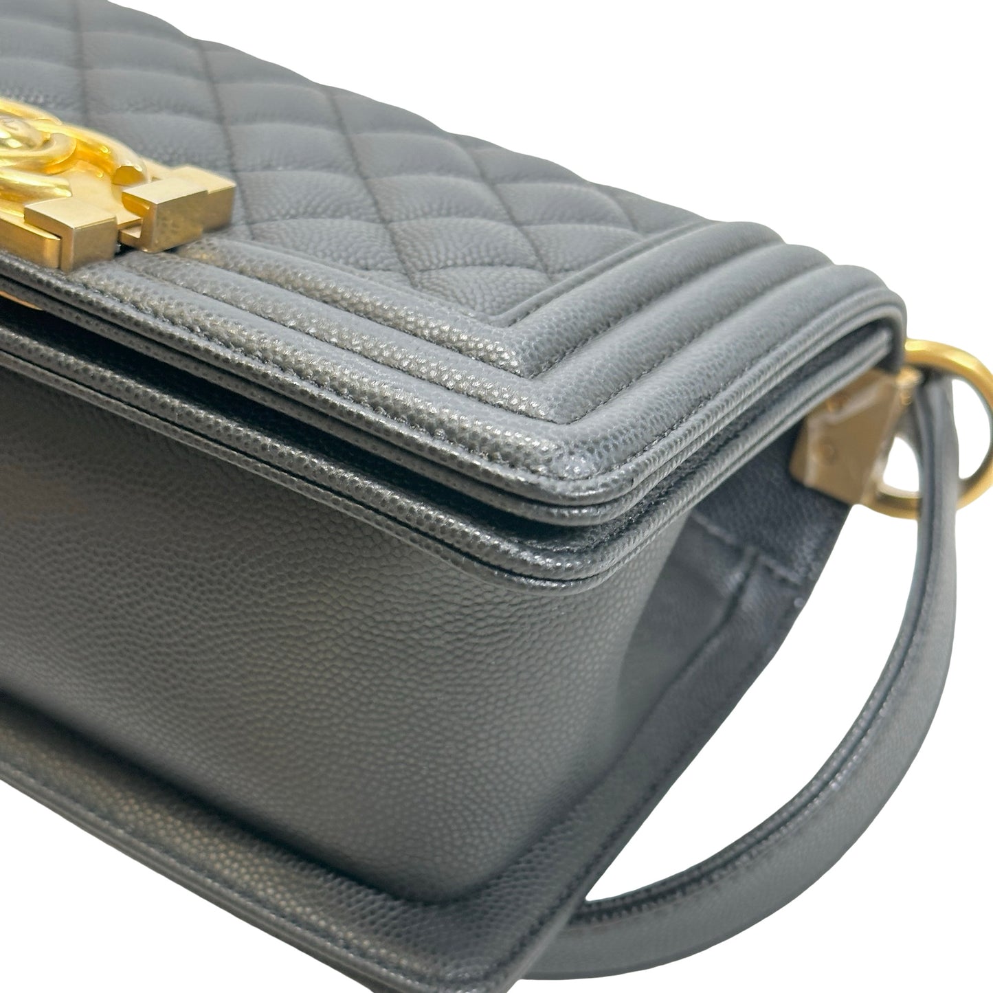 Used CHANEL Quilted Caviar Boy Chanel Flap Bag Chain Shoulder Bag Black Gold Hardware