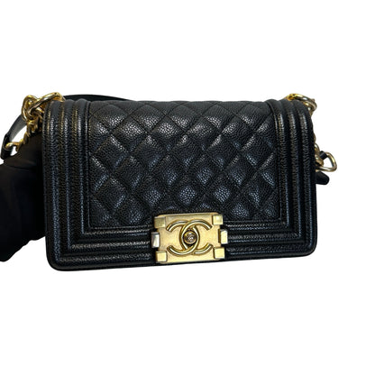Used CHANEL Caviar Leather Quilted Boy 20 Shoulder Bag Black Gold