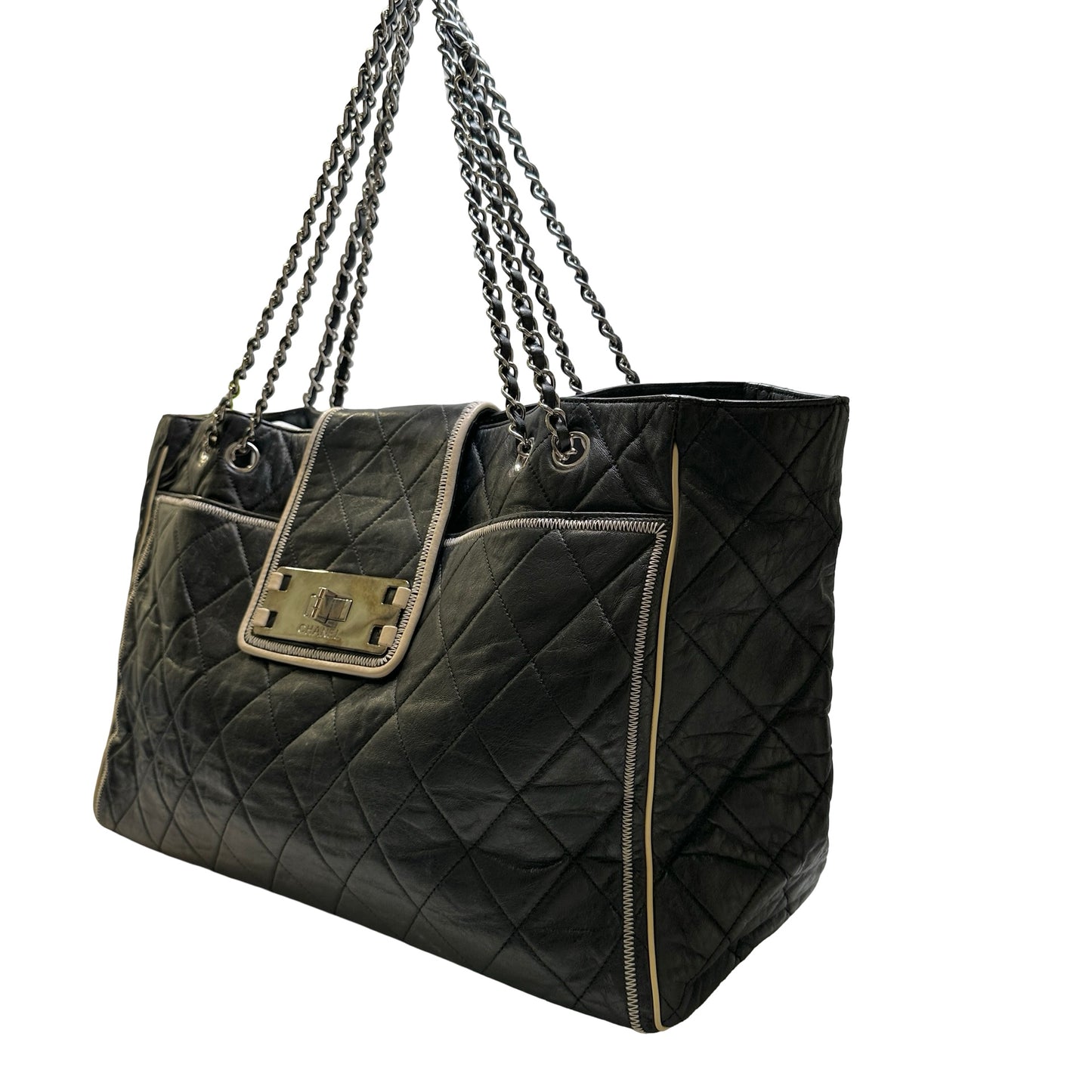 Used CHANEL Quilted Leather Quilted Tote Tote Bag Black Silver
