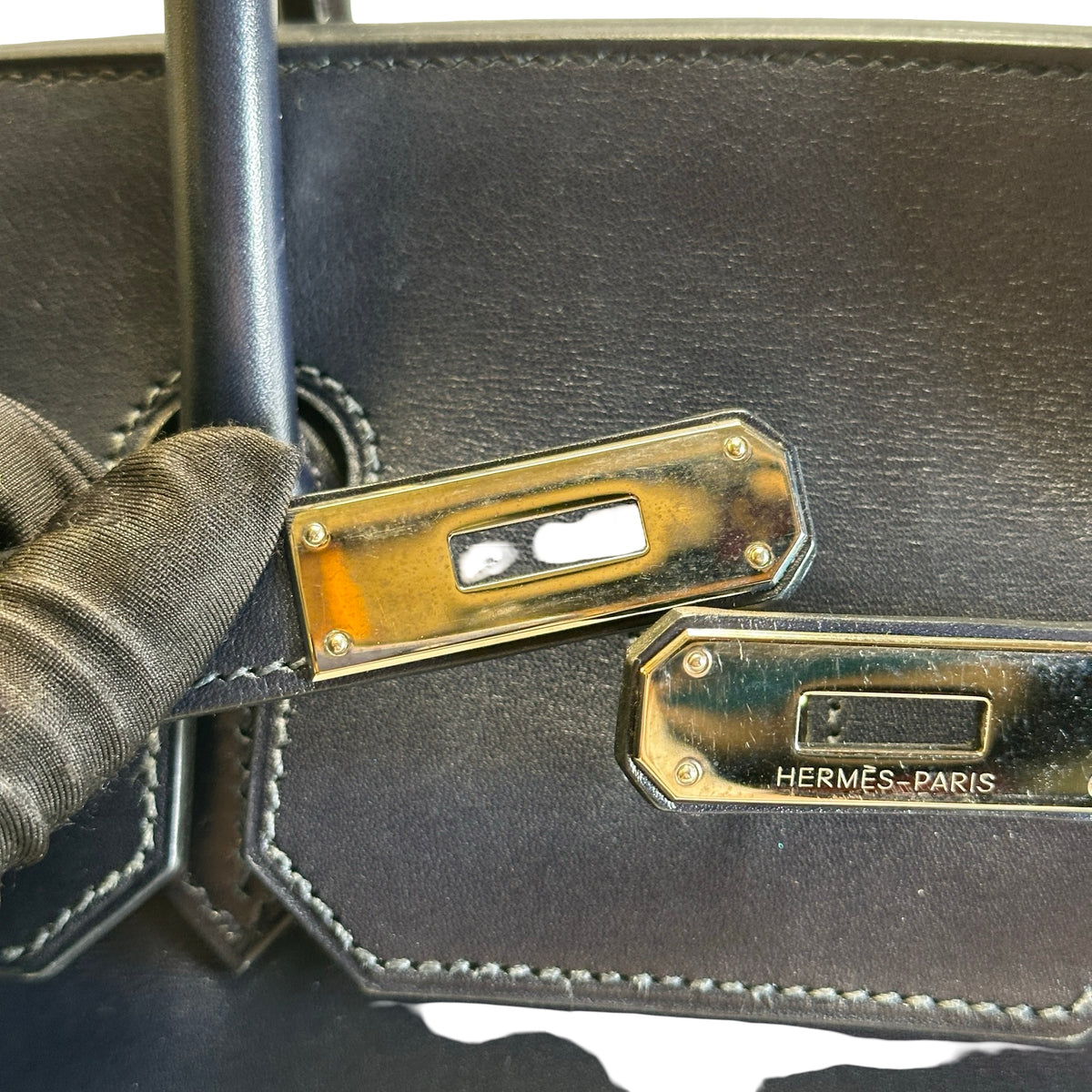 Used HERMES Leather Birkin Handbag Black Silver