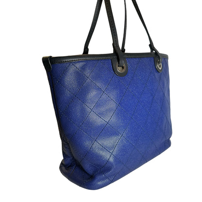 Used CHANEL Quilted Caviar Leather GST Tote Bag Blue Silver