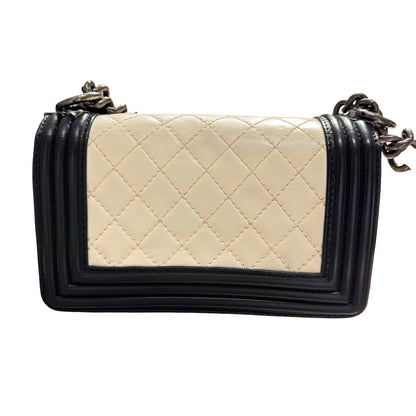 Used CHANEL Lambskin Leather Boy 20cm Shoulder Bag Black White