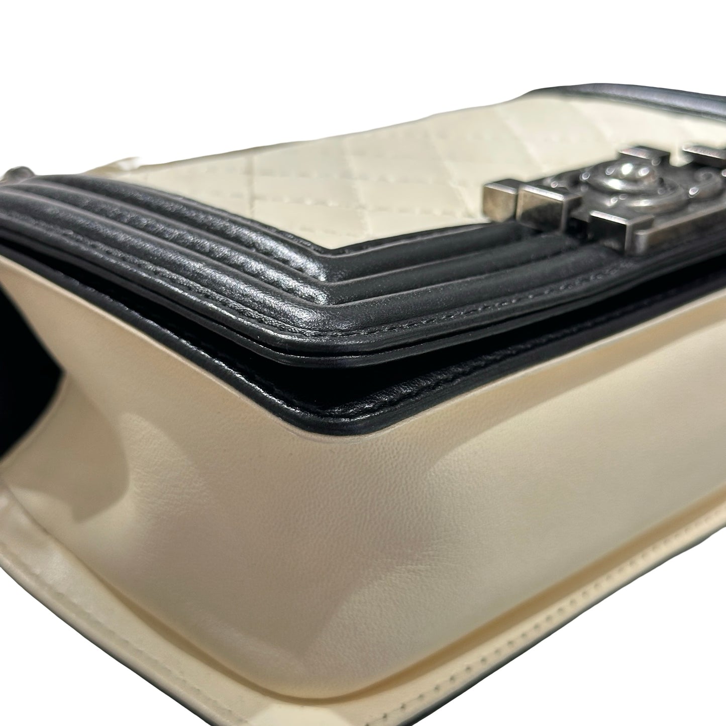 Used CHANEL Lambskin Leather Boy 20cm Shoulder Bag Black White