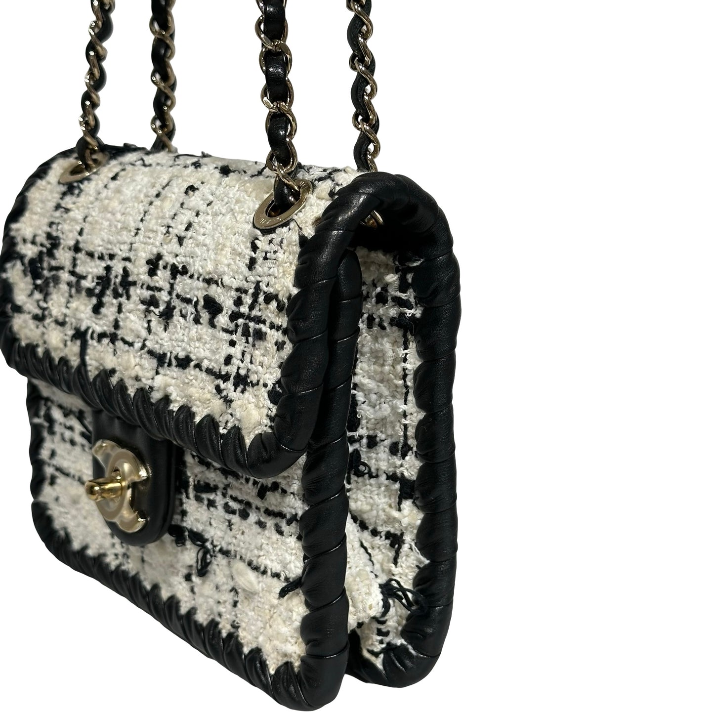 Used CHANEL Tweed Cross Body Bag Black White PHW