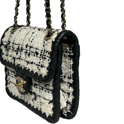 Used CHANEL Tweed Cross Body Bag Black White PHW