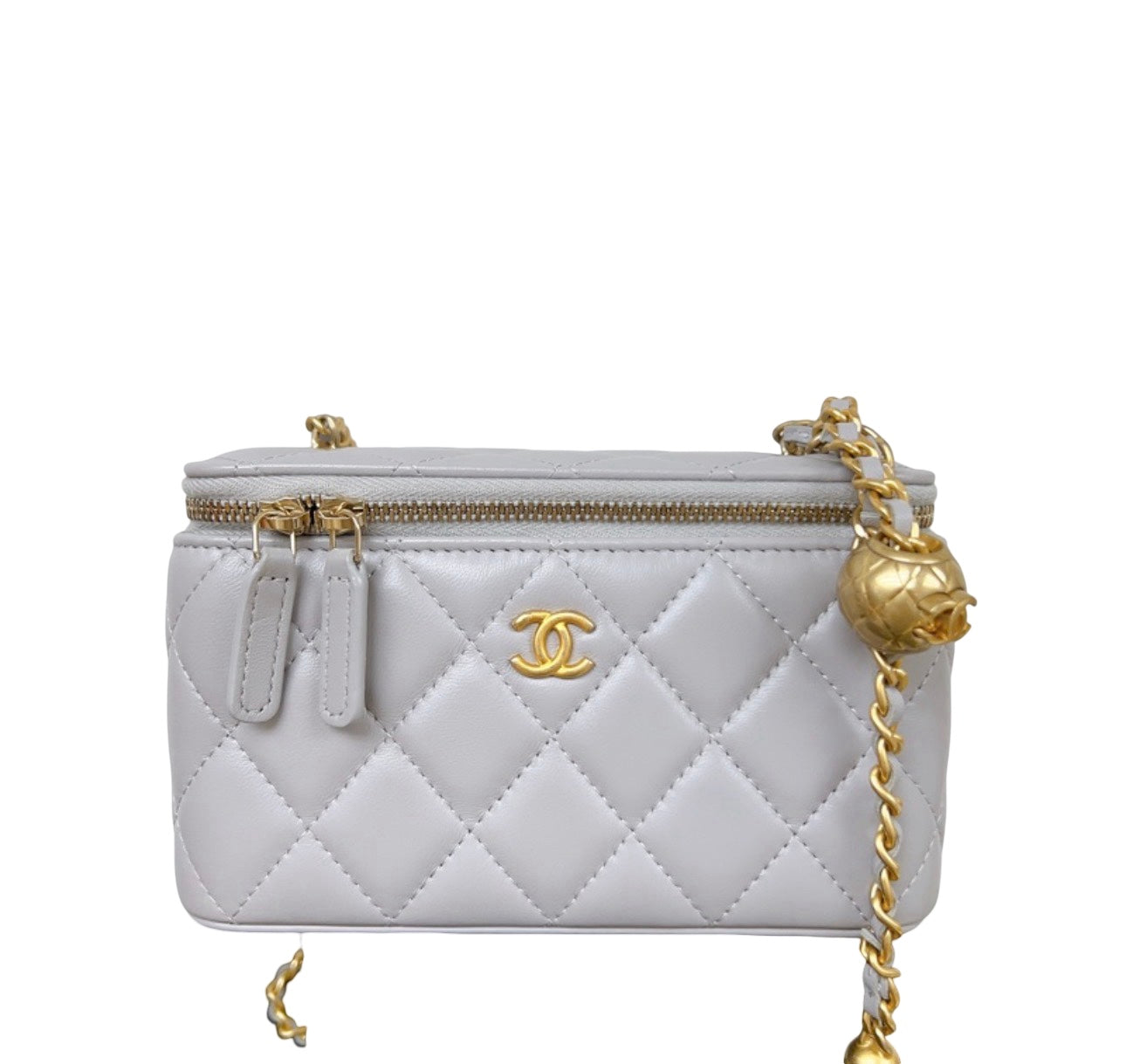Used CHANEL Lambskin Leather Vanity Case Cross Body Bag Grey GHW
