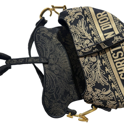Used DIOR Embroidered Canvas Floral Stripes Saddle Saddle Bag Black Beige GHW