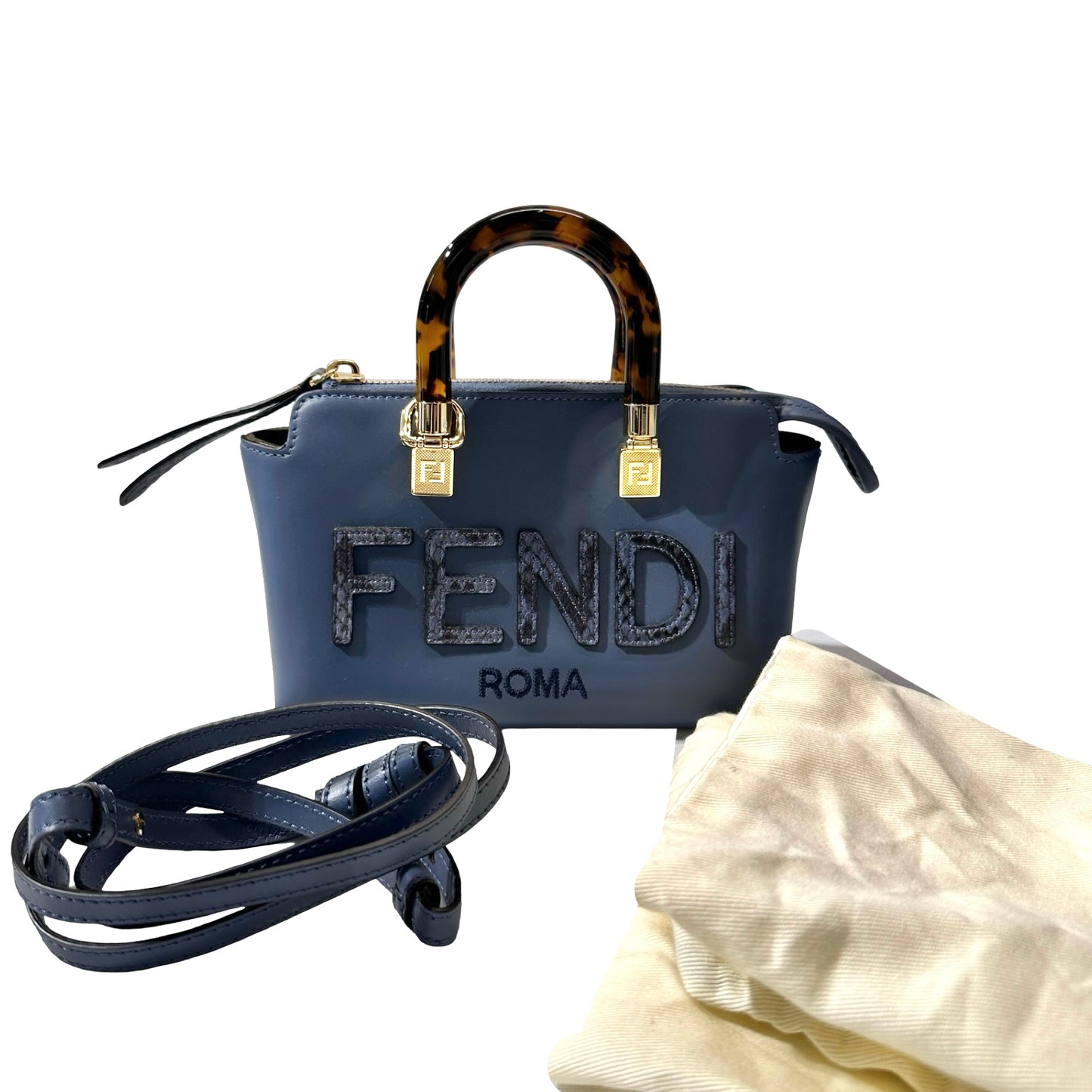 Used FENDI Leather By The Way Handbag Blue GHW