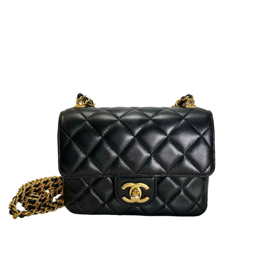 CHANEL Quilted Lambskin Mini Rectangular Flap Chain Shoulder Bag Black Gold