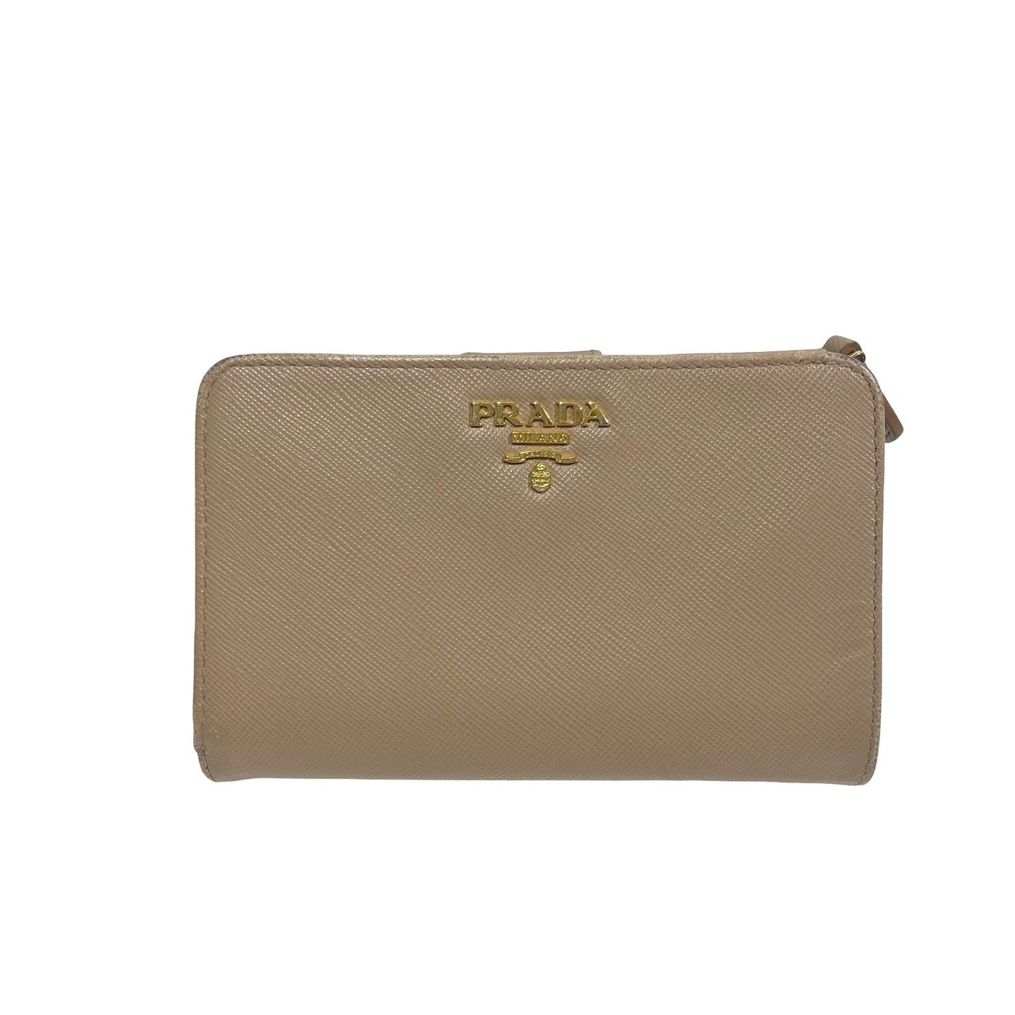 Used PRADA Saffiano Saffiano Leather Medium Bifold Wallet Wallet Beige GHW
