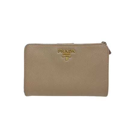 Used PRADA Saffiano Saffiano Leather Medium Bifold Wallet Wallet Beige GHW