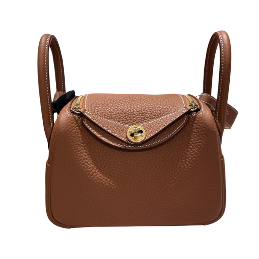 Used HERMES Clemence Leather Lindy Shoulder Bag Brown Gold