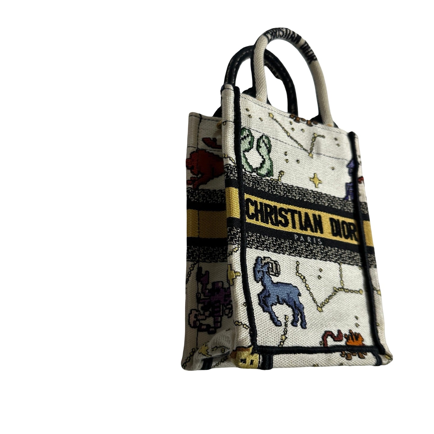 Used DIOR Dior Zodiac Embroidery Canvas Book Tote Mini Tote Bag White Multicolor GHW