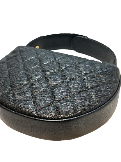 Used CHANEL Caviar Leather RIBBON HOBO POUCH Handbag Black GHW