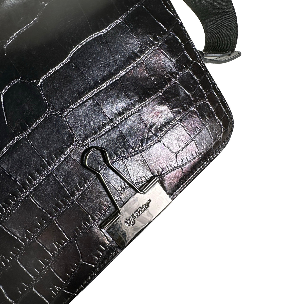 Used OFF-WHITE Crocodile Embossed Binder Clip Crossbody Bag Black PHW