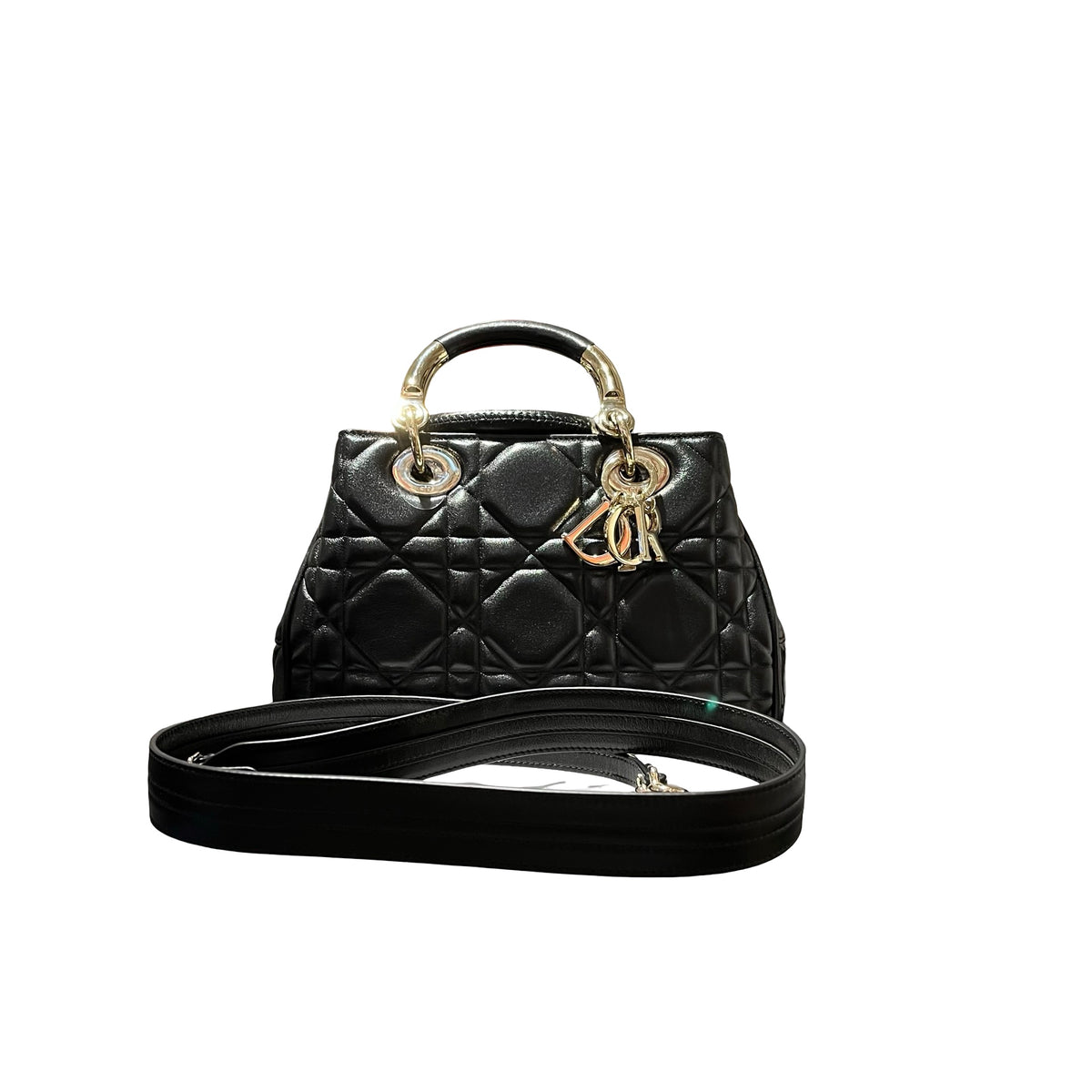 Used Dior Lambskin Leather Lady Dior Tote Bag Black GHW