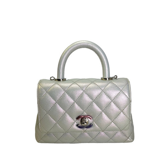 Used CHANEL Quilted Caviar Coco Handle Cross body bag Iridescent Silver Light Blue