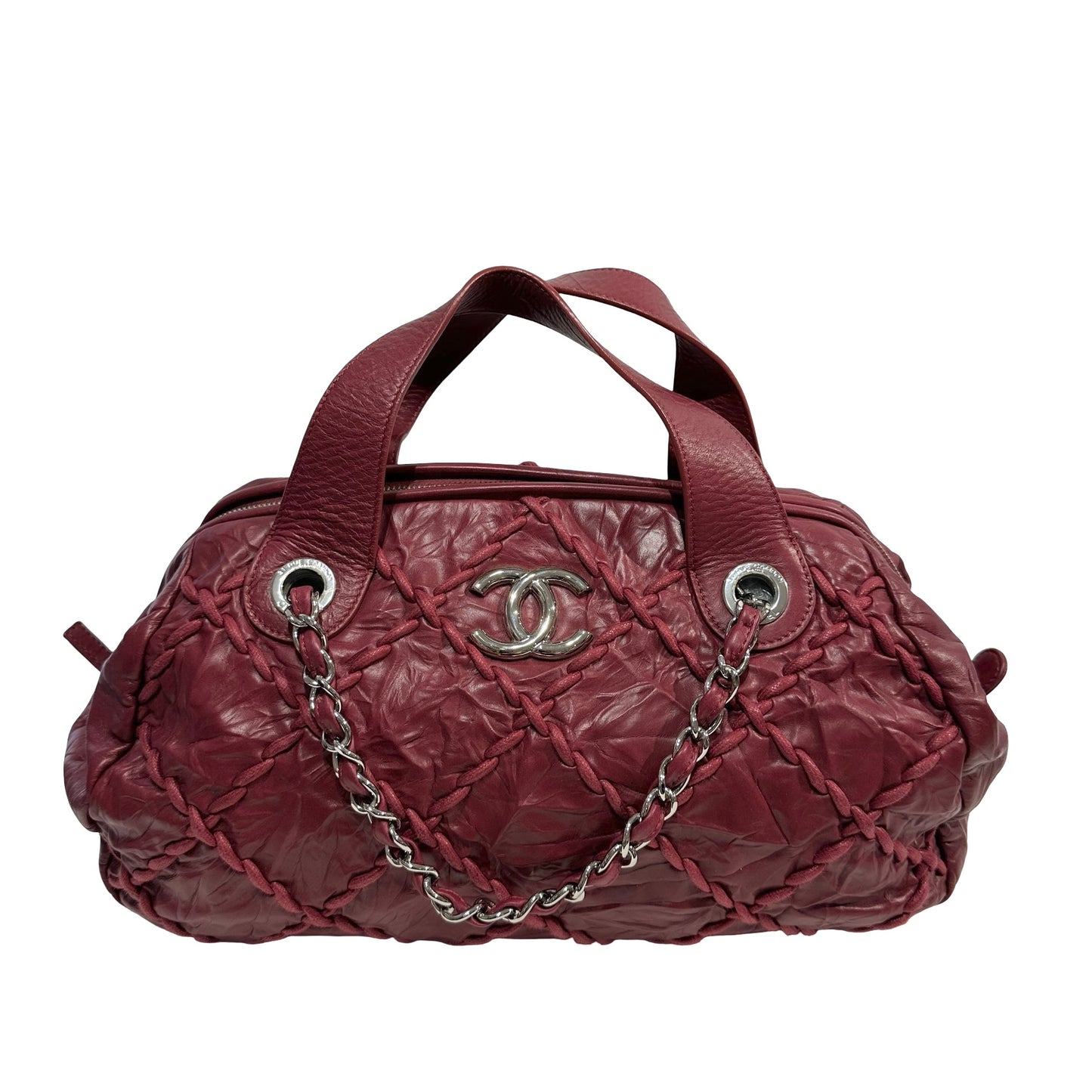Used CHANEL Leather Quilted Tote Bag Handbag Burgundy