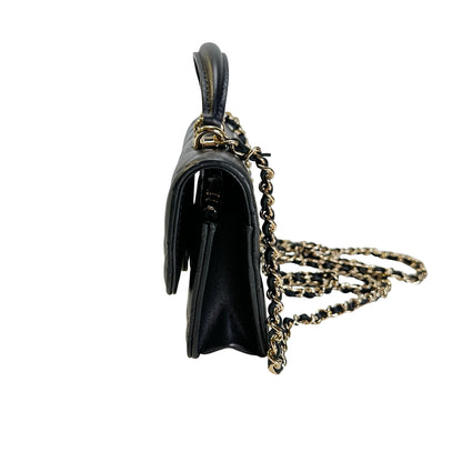 Used CHANEL Quilted Lambskin Phone Holder with Top Handle and Chain Crossbody Bag Black GHW