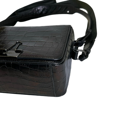 Used OFF-WHITE Crocodile Embossed Binder Clip Crossbody Bag Black PHW