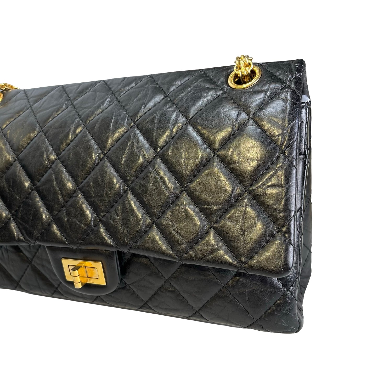 Used CHANEL Quilted Aged Calfskin 2.55 Medium Chain Shoulder Bag Black Gold