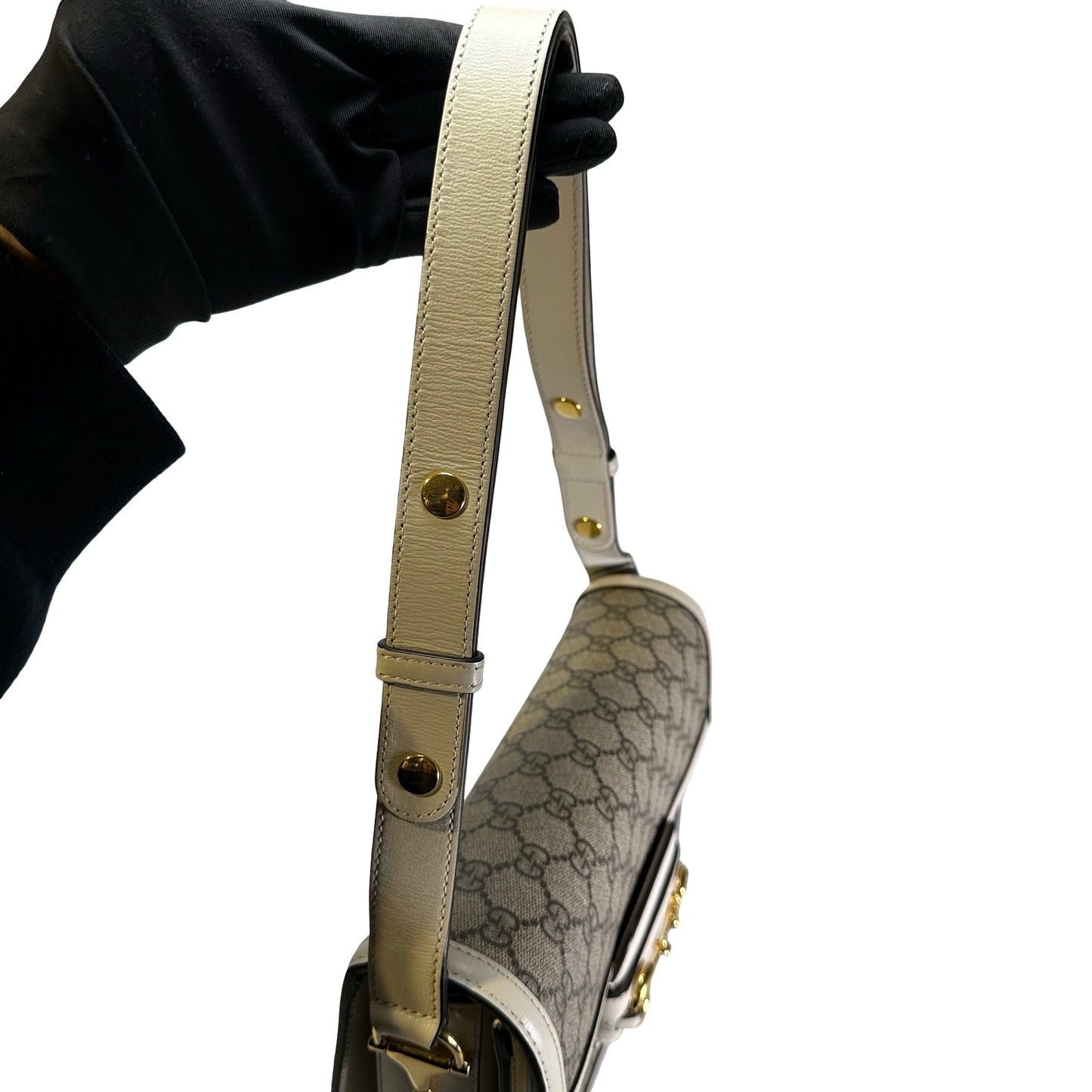 Used GUCCI GG Supreme Canvas Horsebit 1955 Shoulder Bag Beige White GHW