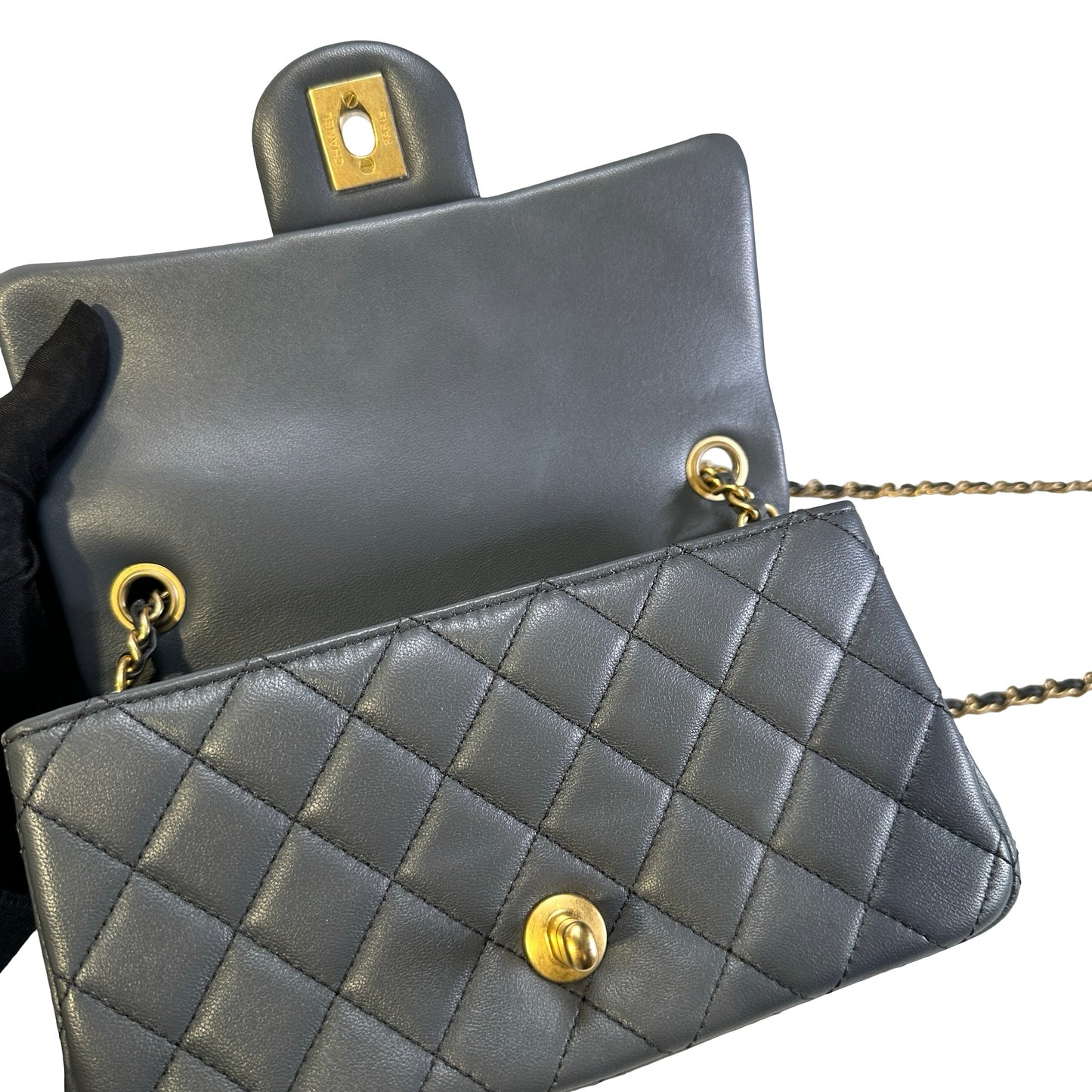 Used CHANEL Quilted Lambskin Mini Flap Bag With Gold Ball Mini Bag Grey GHW