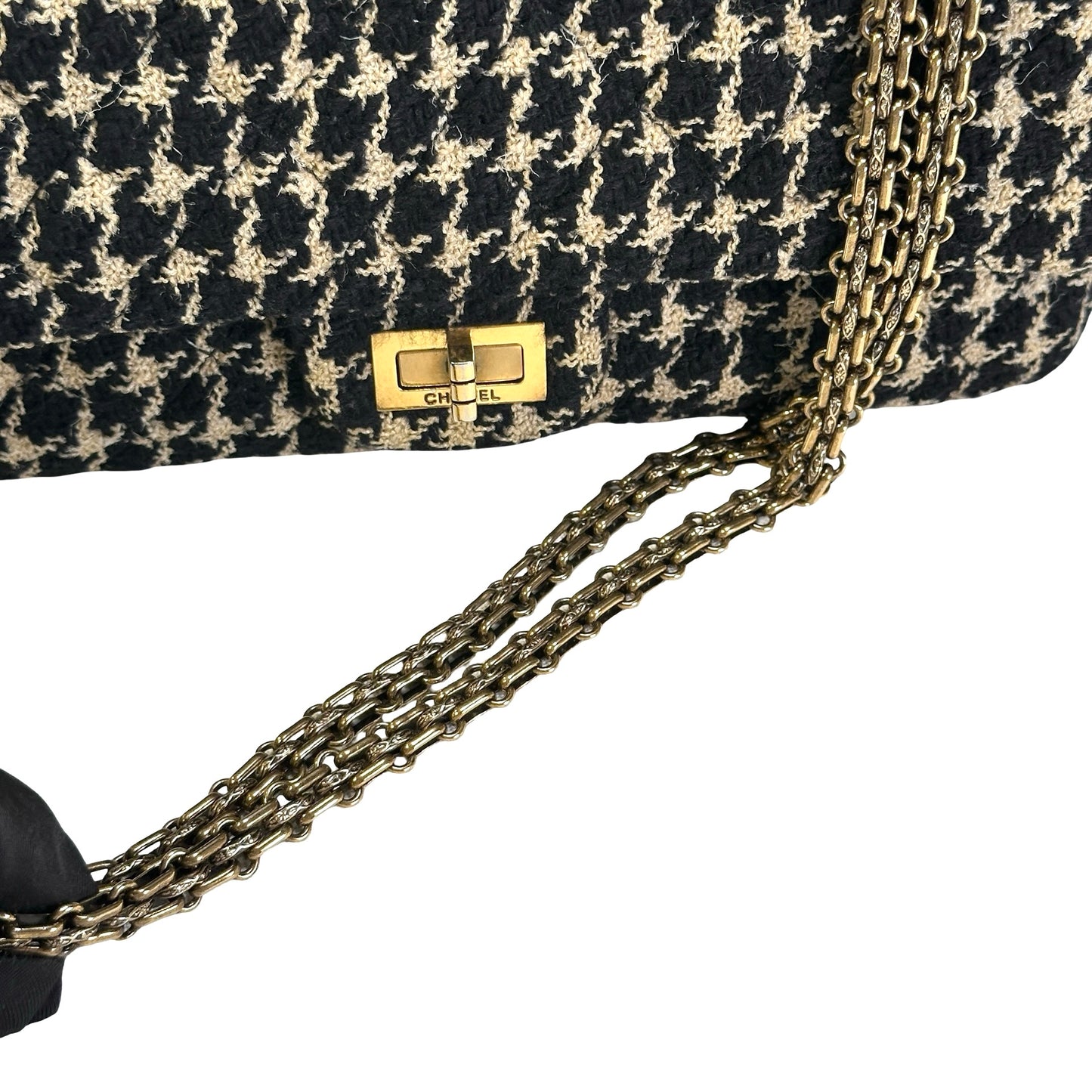 Used CHANEL Tweed 2.55 Small Shoulder Bag Black Beige