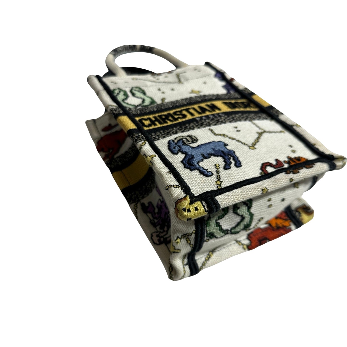 Used DIOR Dior Zodiac Embroidery Canvas Book Tote Mini Tote Bag White Multicolor GHW