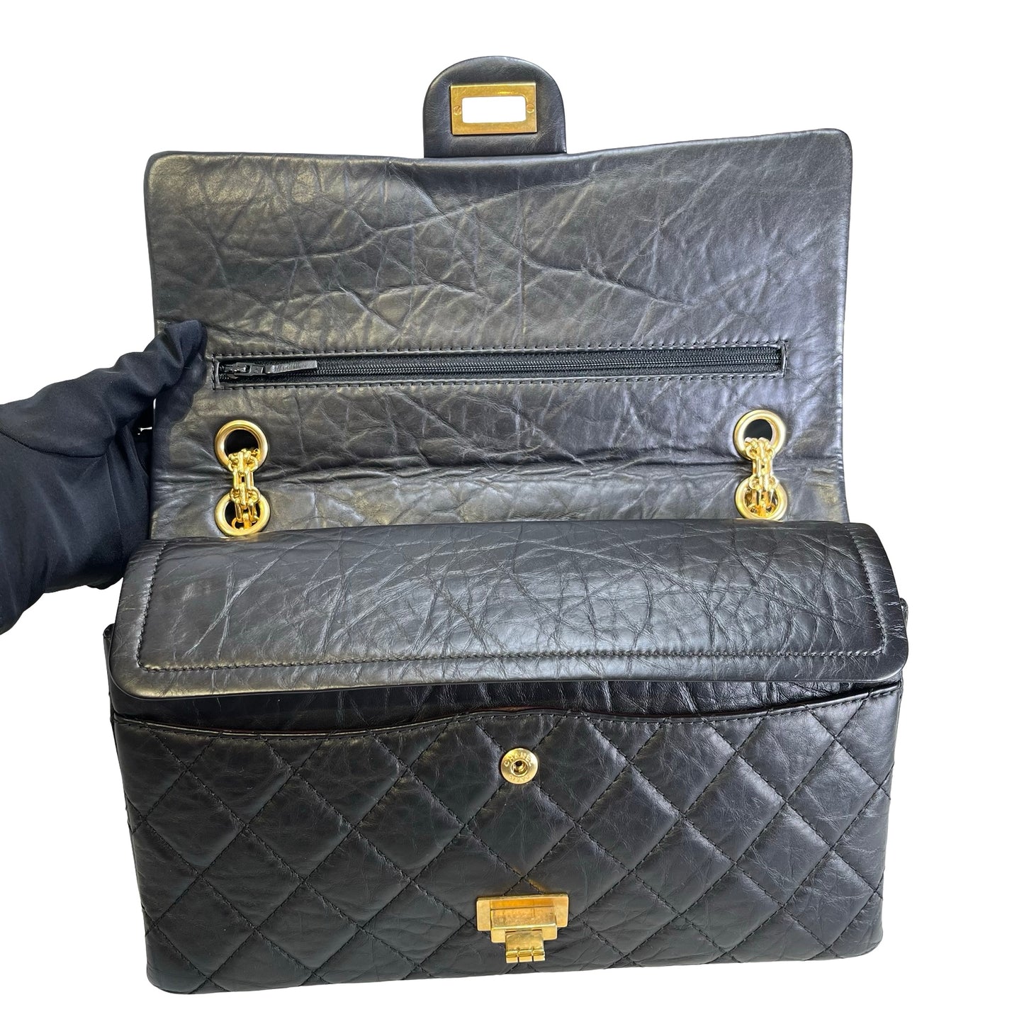 Used CHANEL Quilted Aged Calfskin 2.55 Medium Chain Shoulder Bag Black Gold