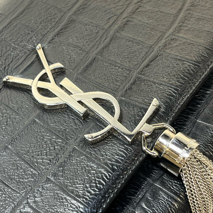 Used Saint Laurent Calfskin Leather Crocodile-Embossed Kate Tassel Chain Shoulder Bag Black PHW