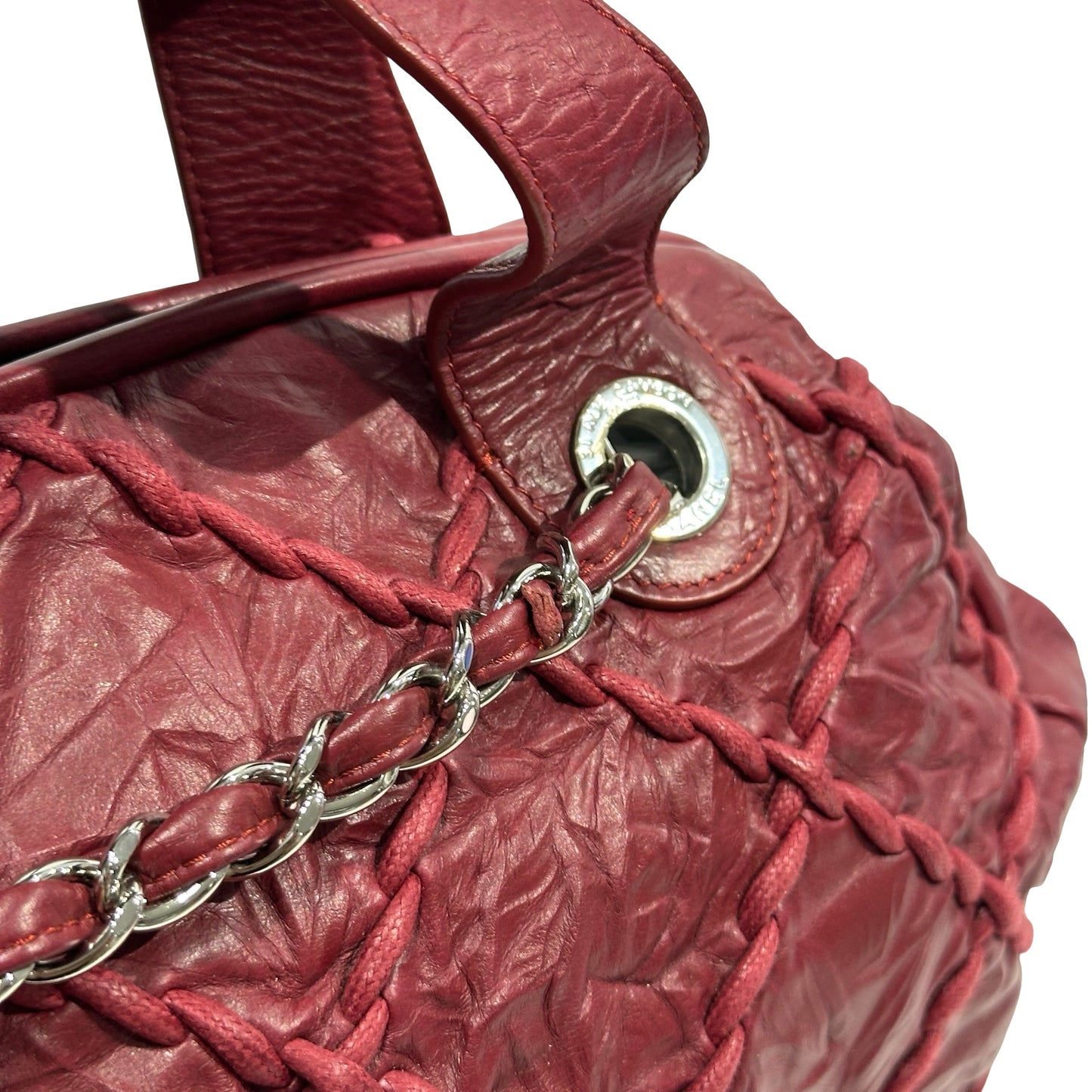 Used CHANEL Leather Quilted Tote Bag Handbag Burgundy