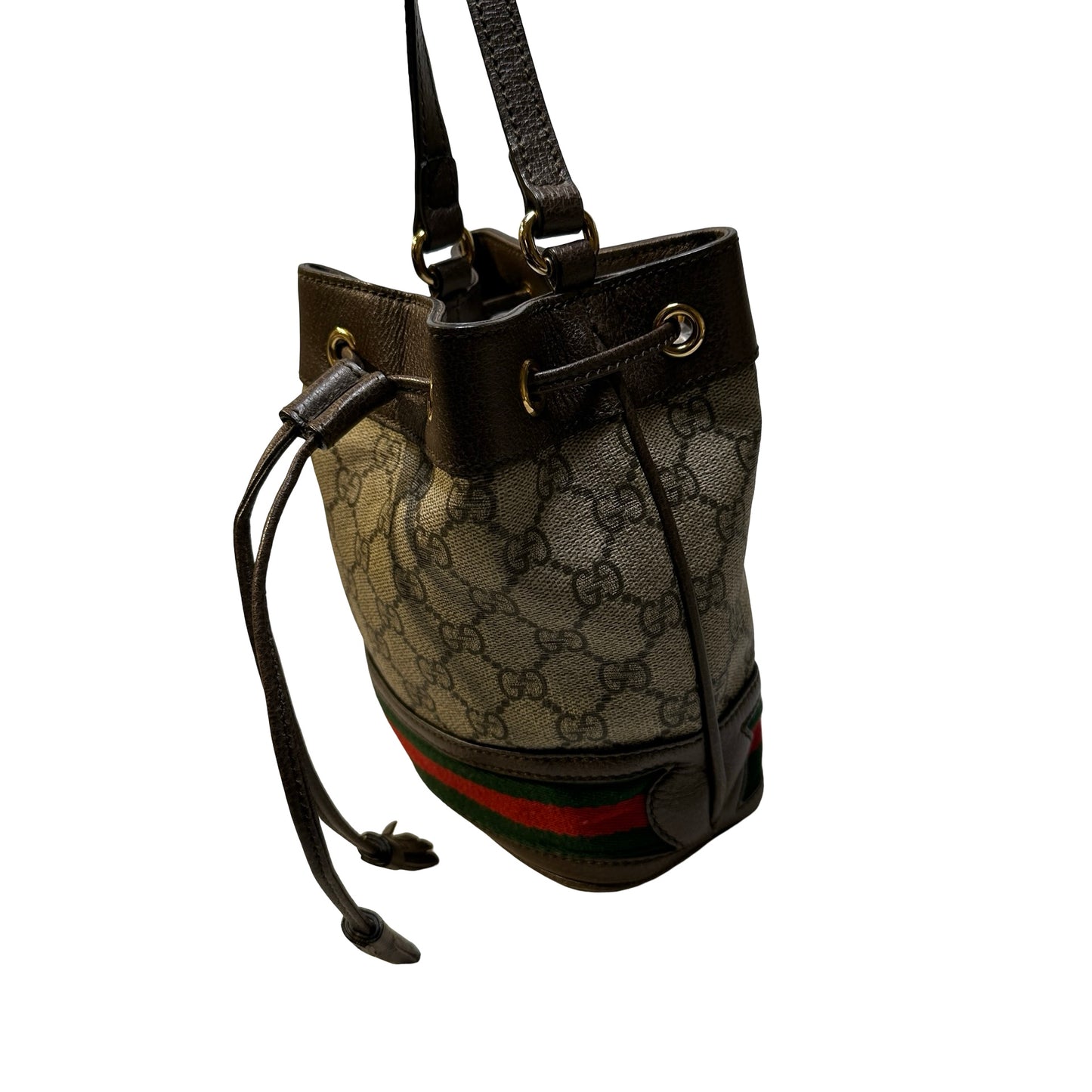Used GUCCI GG Supreme Canvas Ophidia Bucket Bag Beige Ebony Brown， GHW