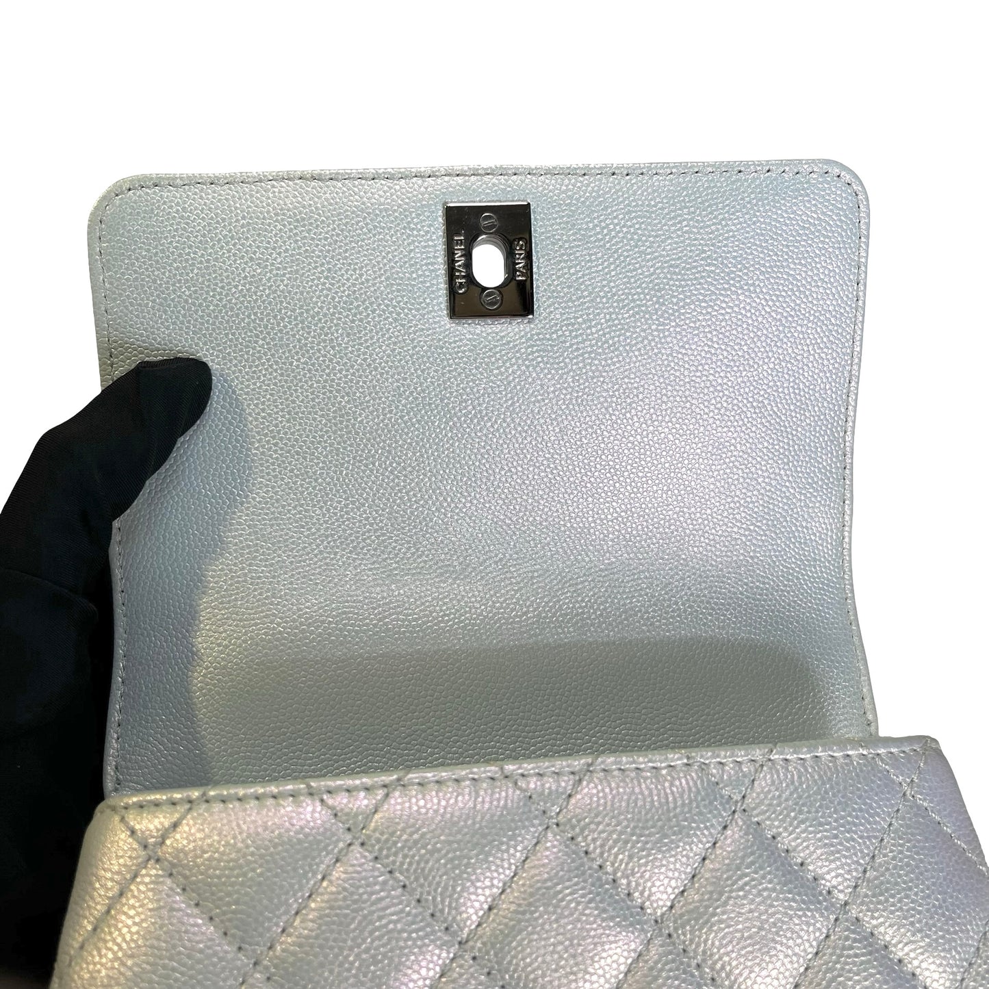 Used CHANEL Quilted Caviar Coco Handle Cross body bag Iridescent Silver Light Blue