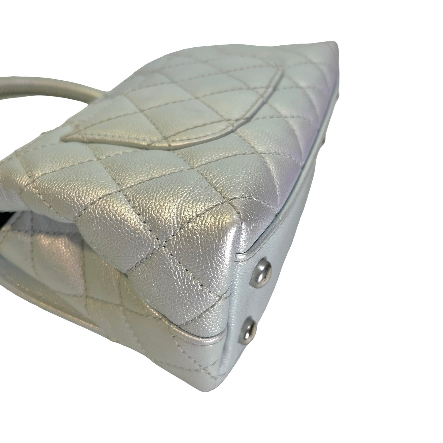 Used CHANEL Quilted Caviar Coco Handle Cross body bag Iridescent Silver Light Blue