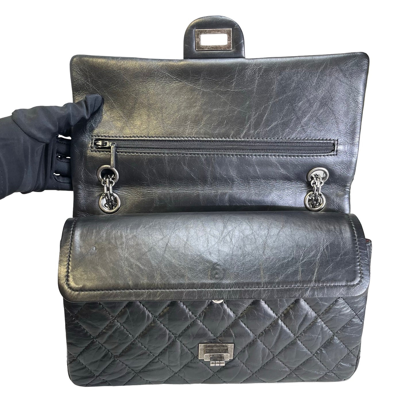 Used CHANEL Quilted Aged Calfskin 2.55 Medium Chain Shoulder Bag Black PHW