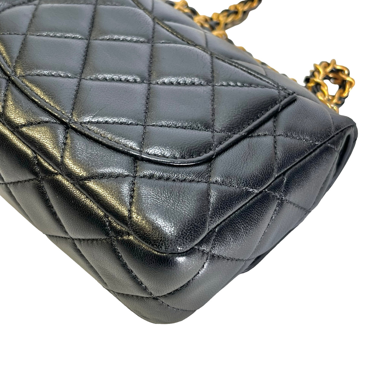 CHANEL Quilted Lambskin Mini Rectangular Flap Chain Shoulder Bag Black Gold