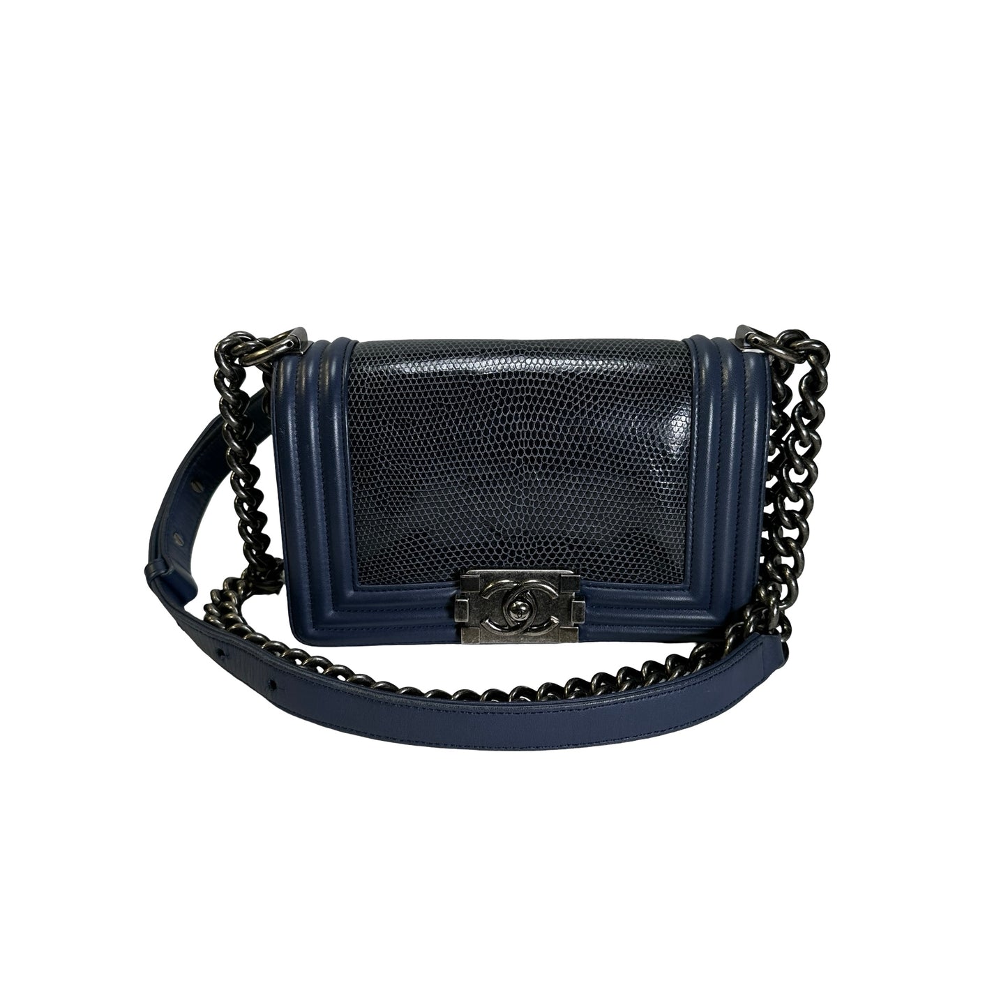 Used CHANEL Lizard Calfskin Boy Bag Shoulder Bag Navy Blue