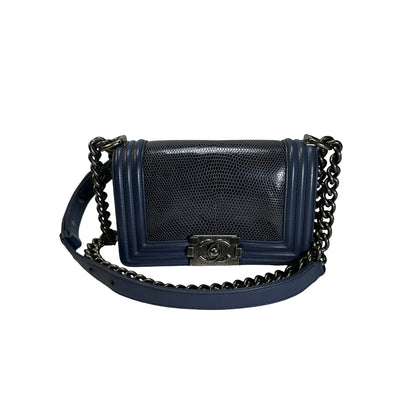 Used CHANEL Lizard Calfskin Boy Bag Shoulder Bag Navy Blue
