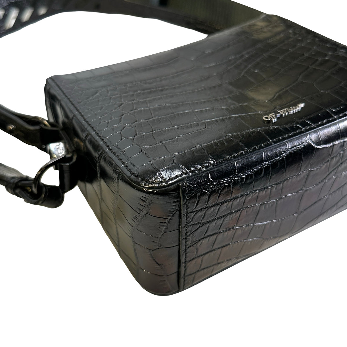 Used OFF-WHITE Crocodile Embossed Binder Clip Crossbody Bag Black PHW