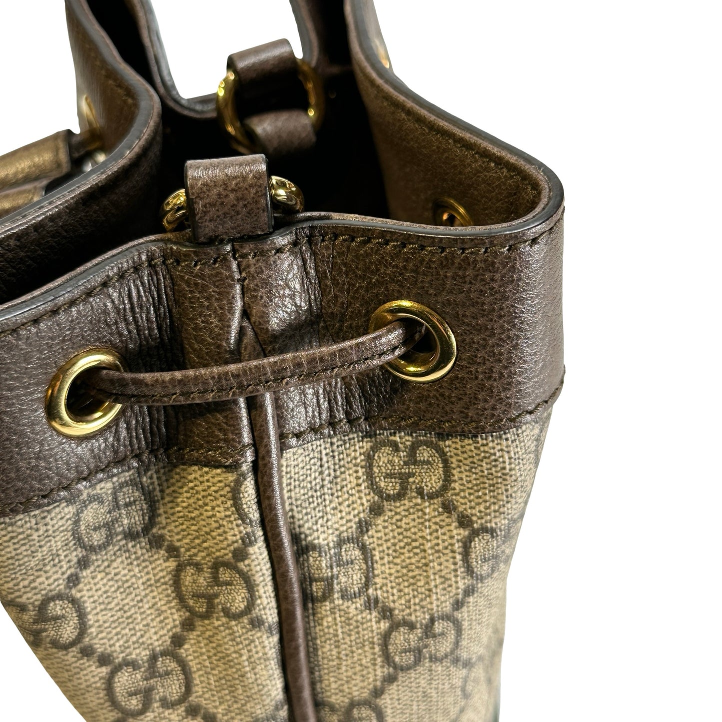 Used GUCCI GG Supreme Canvas Ophidia Bucket Bag Beige Ebony Brown， GHW