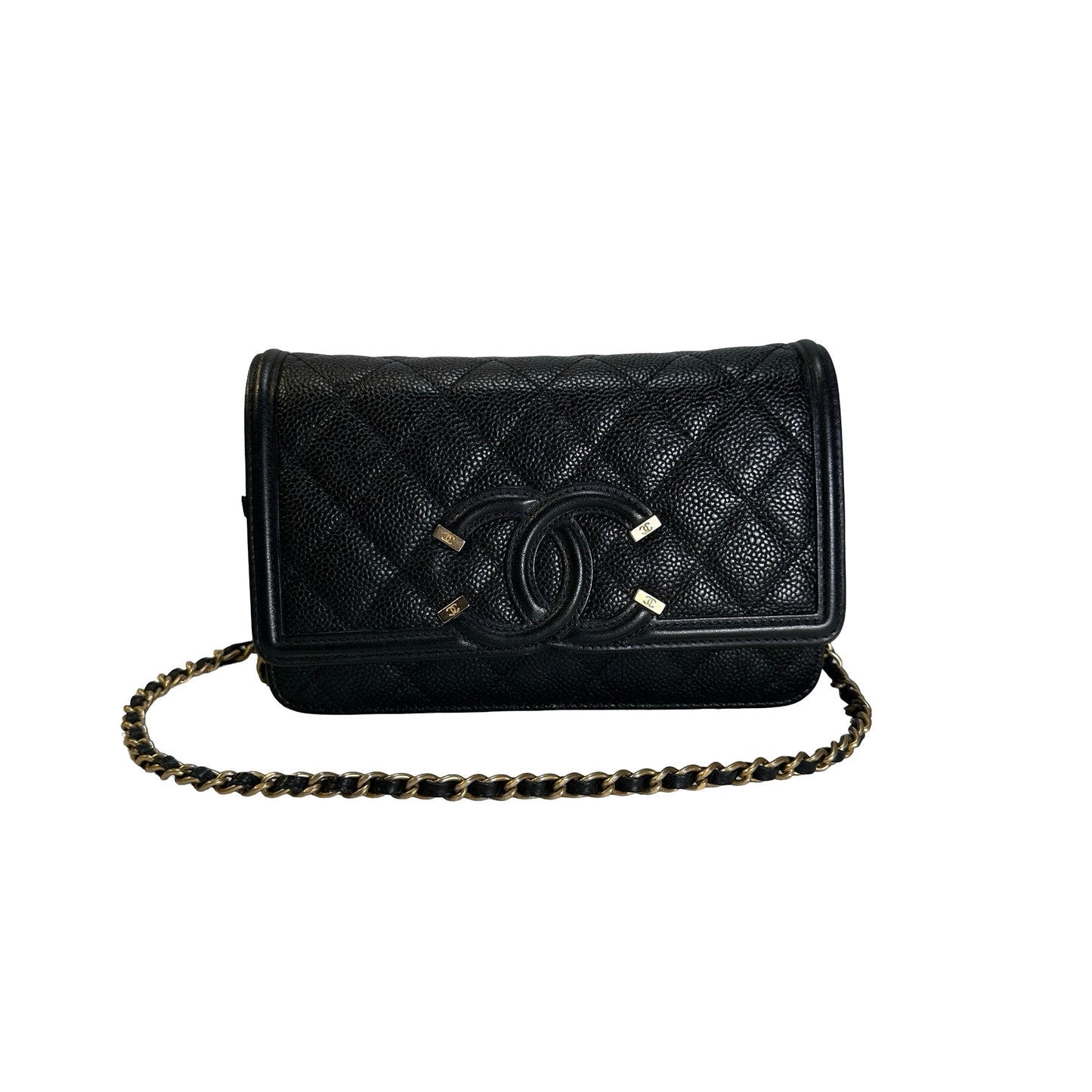 Used CHANEL Quilted Caviar Wallet On Chain Wallet on chain Black Gold