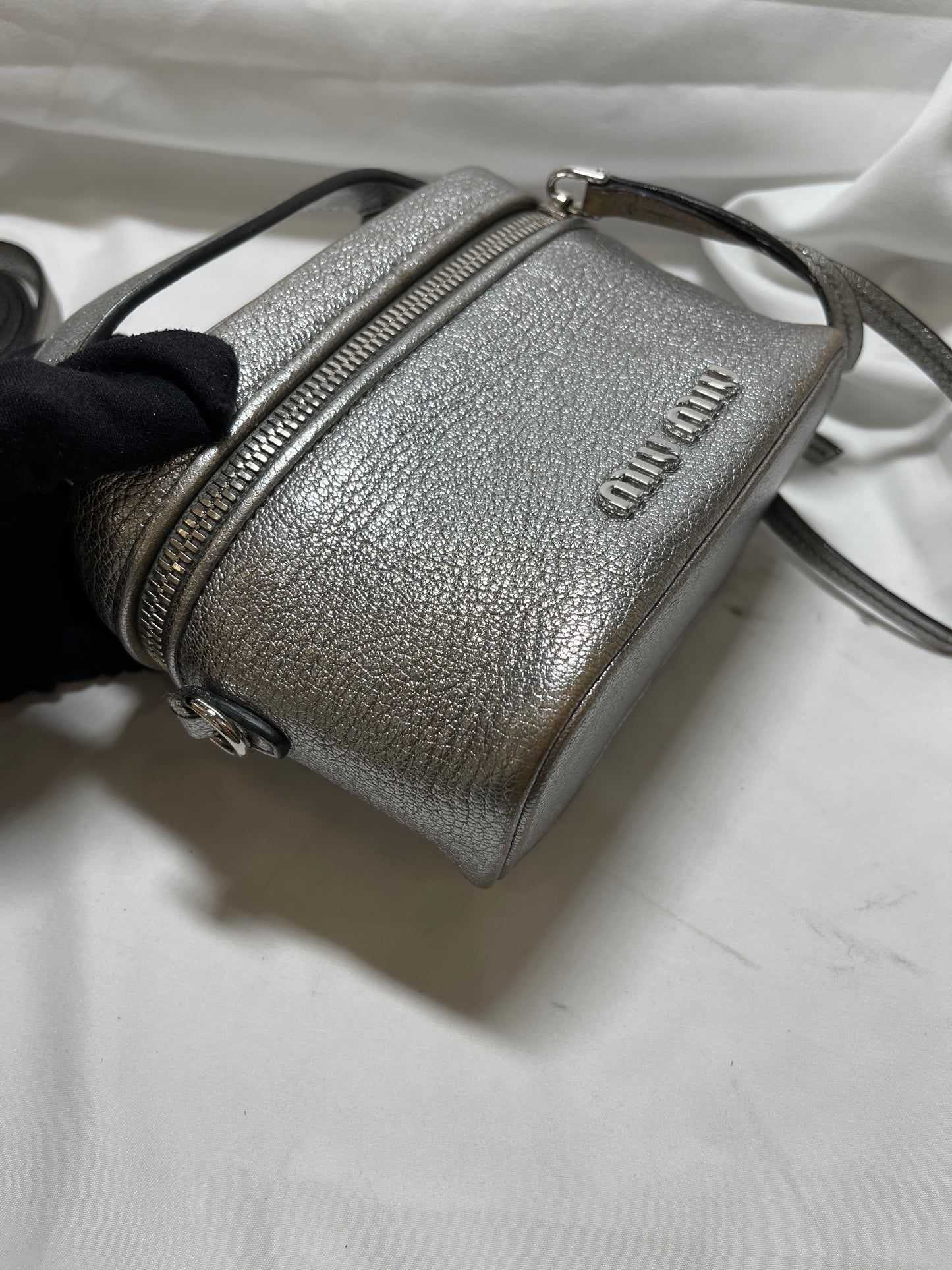Used Miu Miu Calfskin Leather Vanity Bag Crossbody Bag Silver PHW