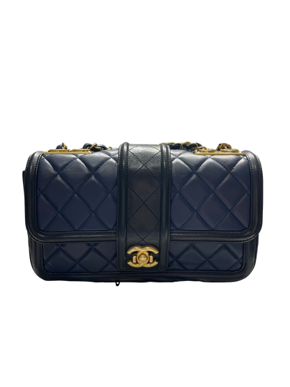 Used CHANEL Quilted Lambskin Quilted Boy Bag Chain Shoulder Bag Navy Blue Black