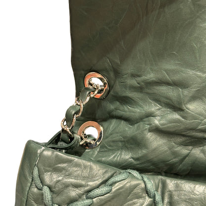 CHANEL Quilted Crinkled Calfskin Surpique Chain Shoulder Bag Dark Green Silver Hardware