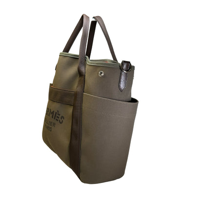 Used HERMES Canvas Grooming Bag Tote Bag Khaki Orange