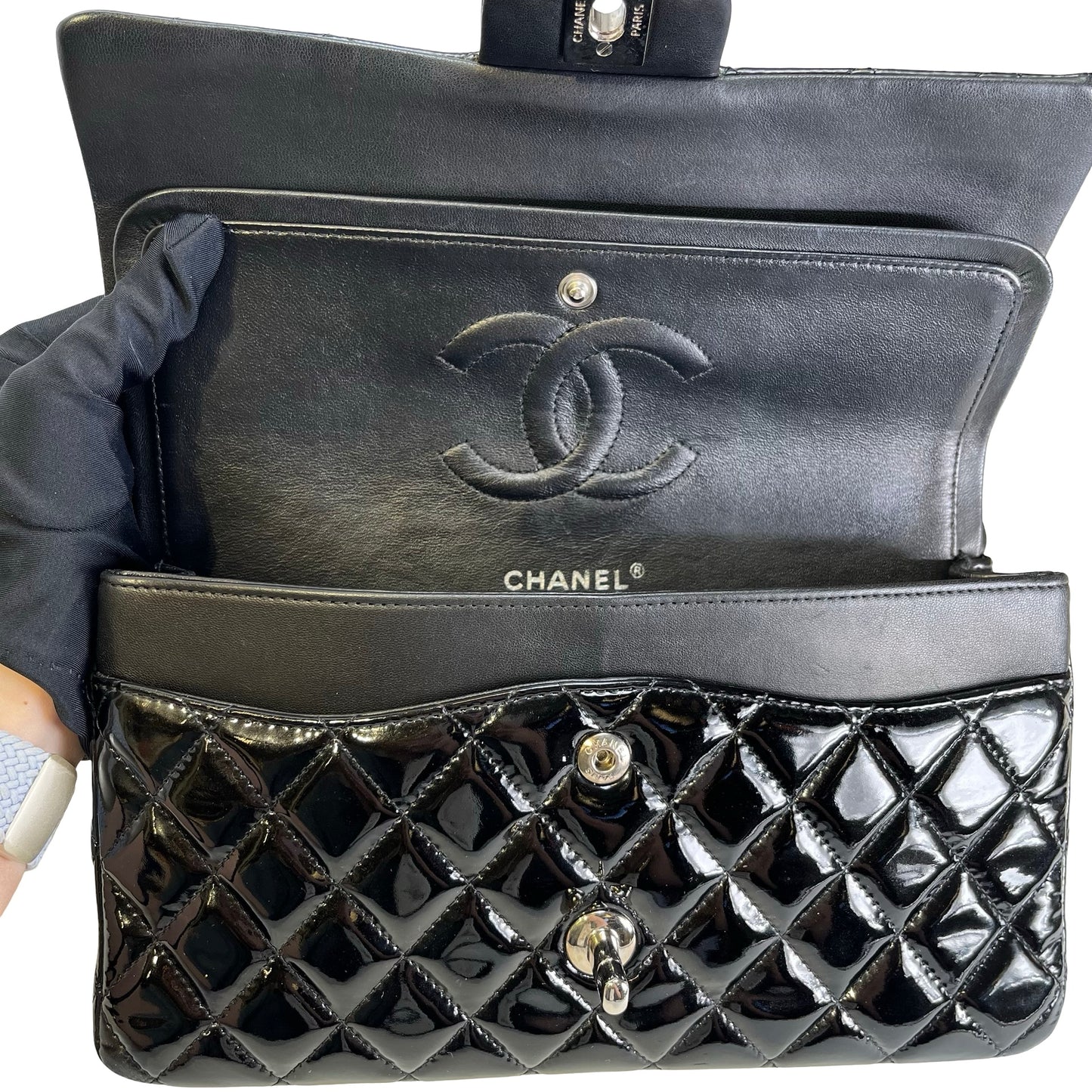 Used CHANEL Pantent CF 25 Cross body bag Black PHW