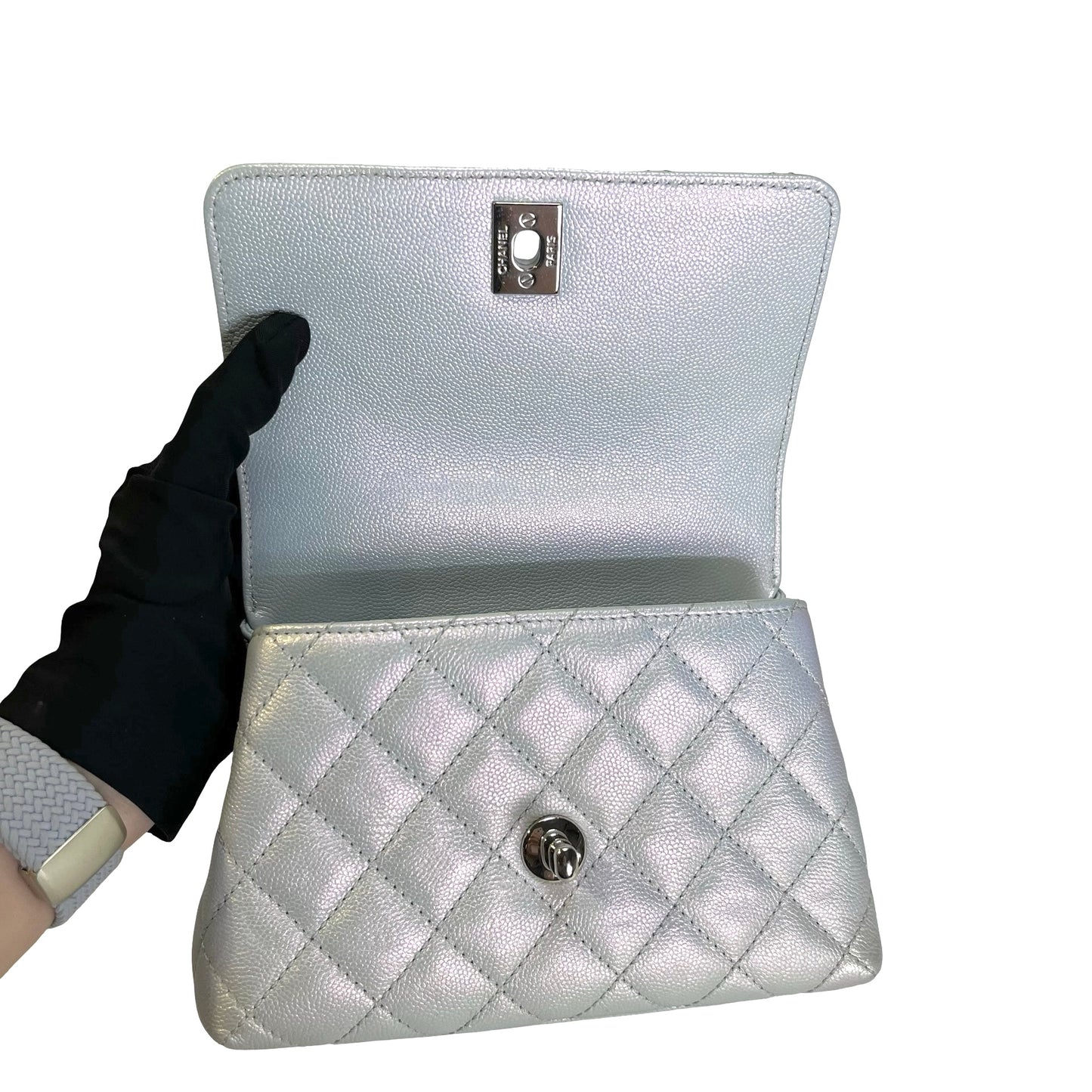 Used CHANEL Quilted Caviar Coco Handle Cross body bag Iridescent Silver Light Blue