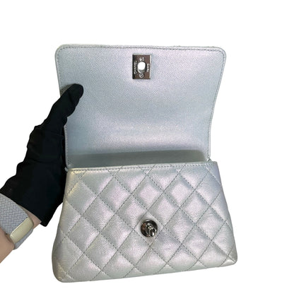 Used CHANEL Quilted Caviar Coco Handle Cross body bag Iridescent Silver Light Blue