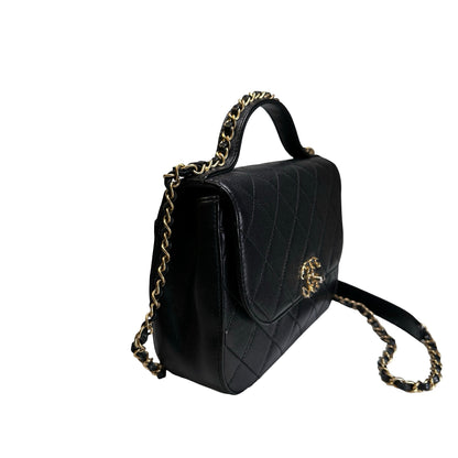 Used CHANEL Lambskin Chain Infinity Top Handle Bag Cross body bag Black GHW